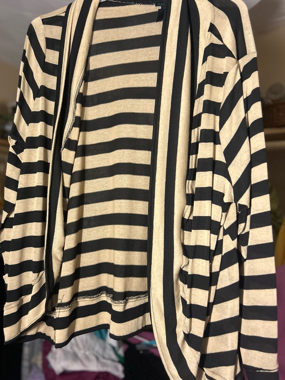 Striped Open-Front Sweater Cardigan - Black & Cream